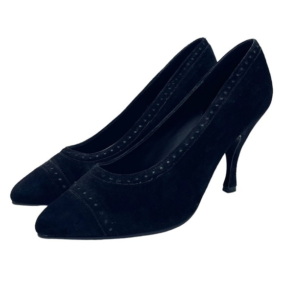 The Wild Pair Vintage 80s 90s Retro Black Suede Pointed Cap Toe Heels Pumps 8.5 - Picture 4 of 15